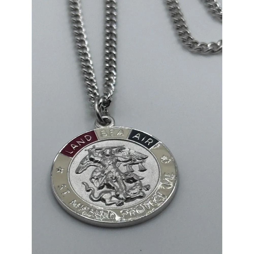 Sterling Silver Enamel St Michael Protect Me Land Sea Air Saint Medal Pendant